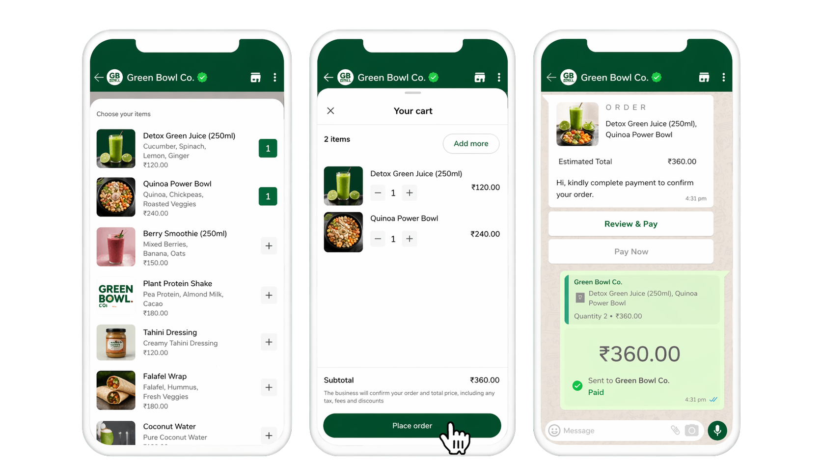 WhatsApp product catalog showing items with images and prices inside a chat