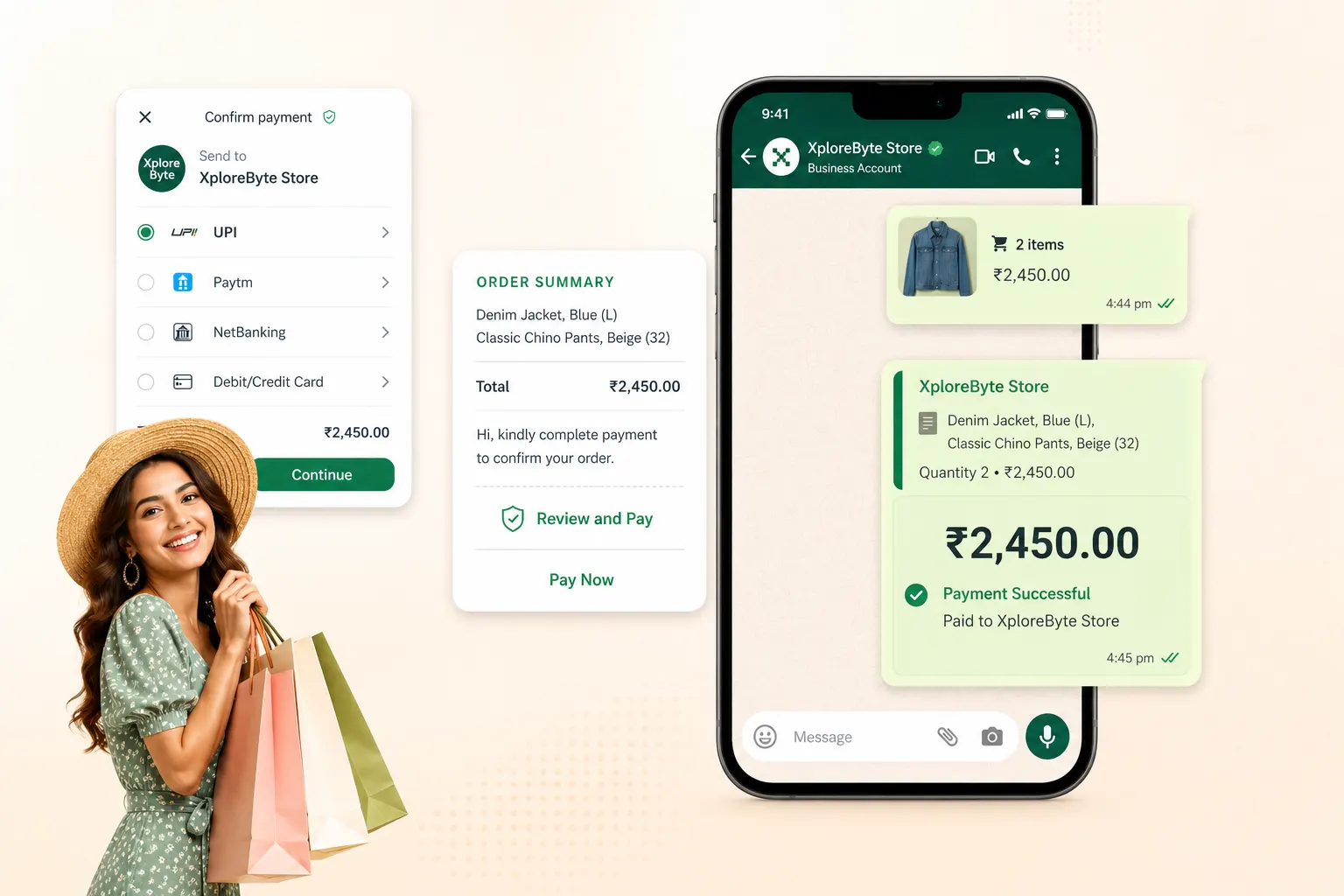 WhatsApp payment workflow showing in-chat payment request and completion status