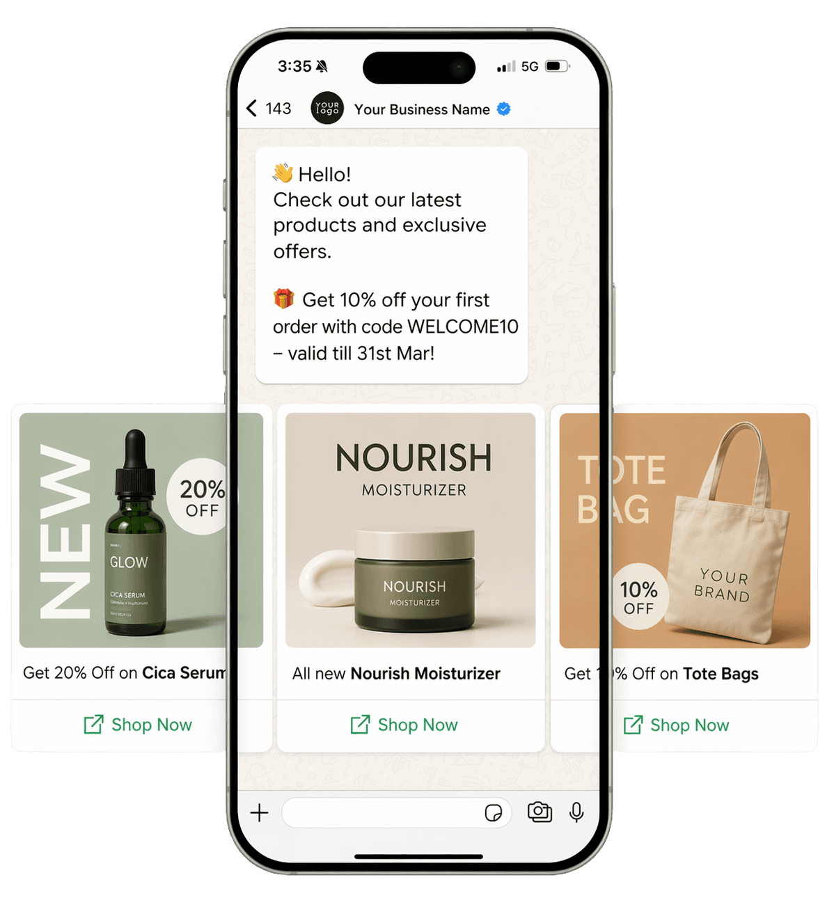 WhatsApp campaign with a product carousel and call-to-action buttons