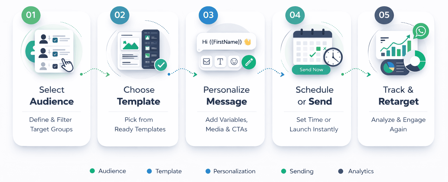 Campaign workflow: Build Audience, Choose Template, Schedule Send, Launch Campaign, Analyze Results